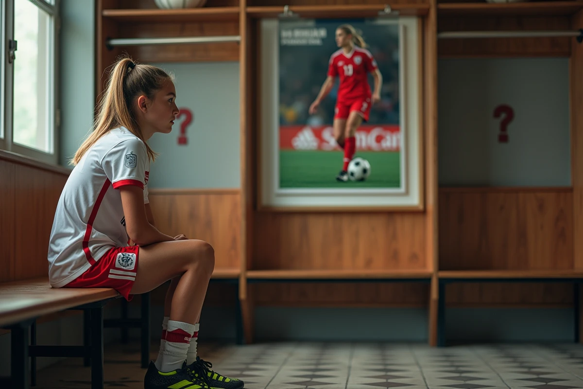 Jeune joueuse de football regardant une photo de Mia Hamm dans le vestiaire