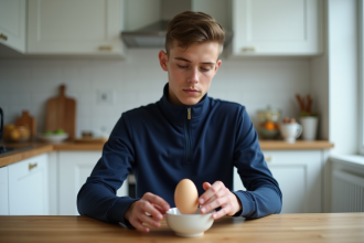 Jeune footballeur en cuisine préparant un œuf