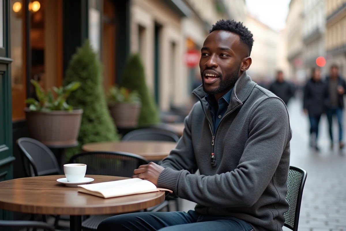 Jeune homme français d'origine africaine discutant dans un café lyonnais, symbolisant l'intégration et la visibilité nouvelle du patronyme Ewanje Epee dans la société française