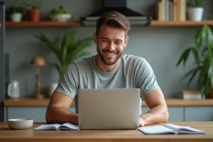 Jeune homme concentré lisant en ligne à la maison