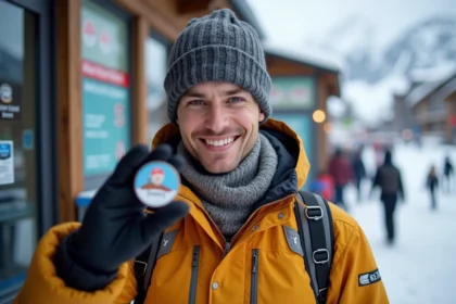 Jeune homme souriant avec pin ski Tignes en main