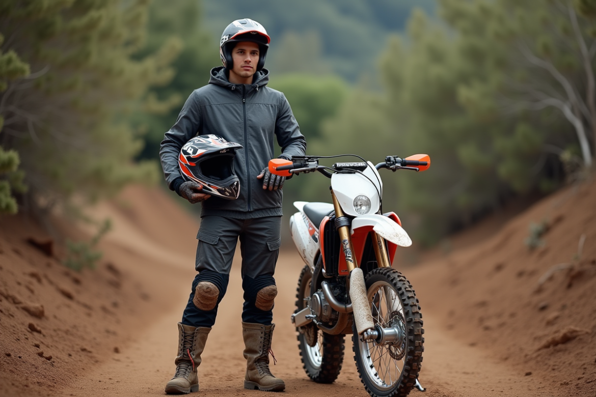 Jeune homme en motocross avec casque et bike en extérieur