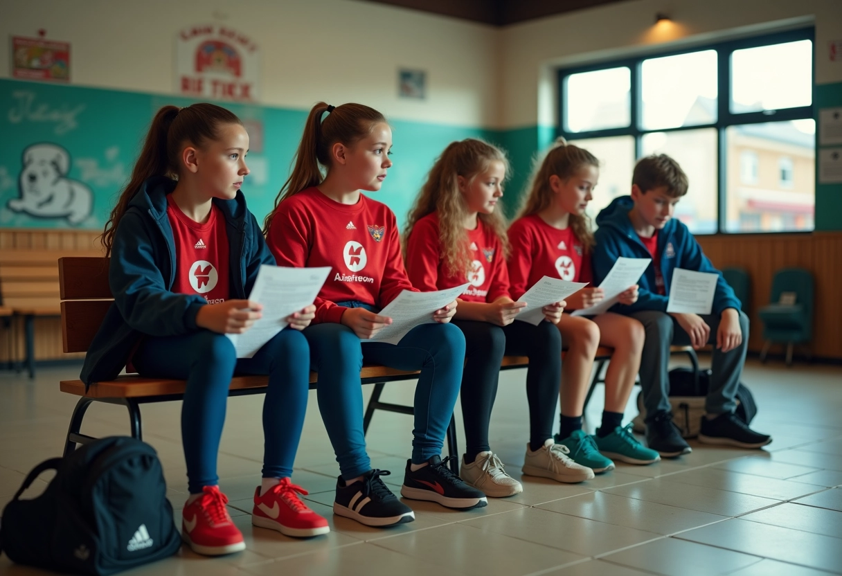 Jeunes sportifs assis avec flyers dans salle de sport locale