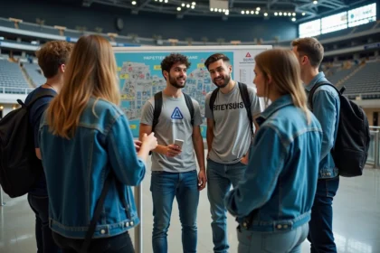Jeunes adultes discutant devant une carte des sièges dans une arena