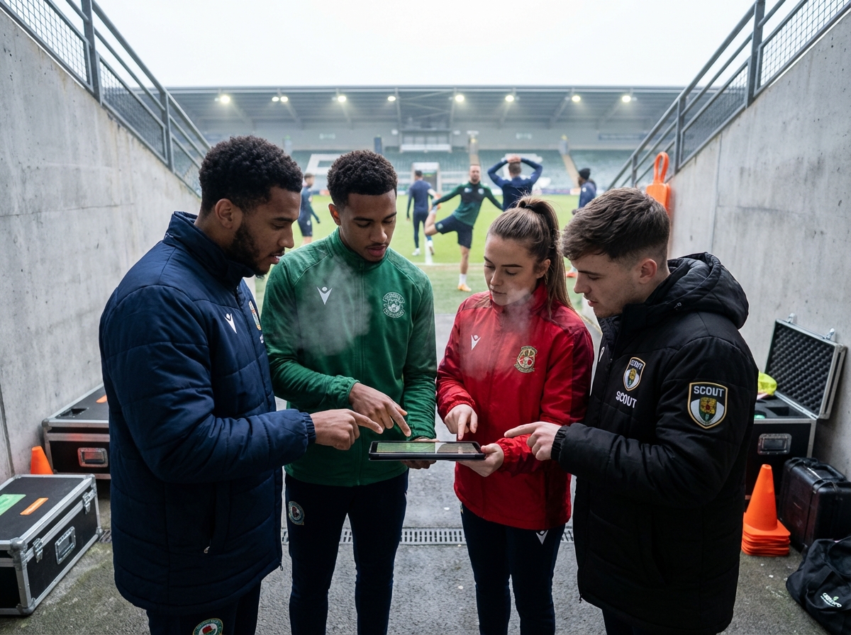 Jeunes scouts de football discutant près du tunnel du stade