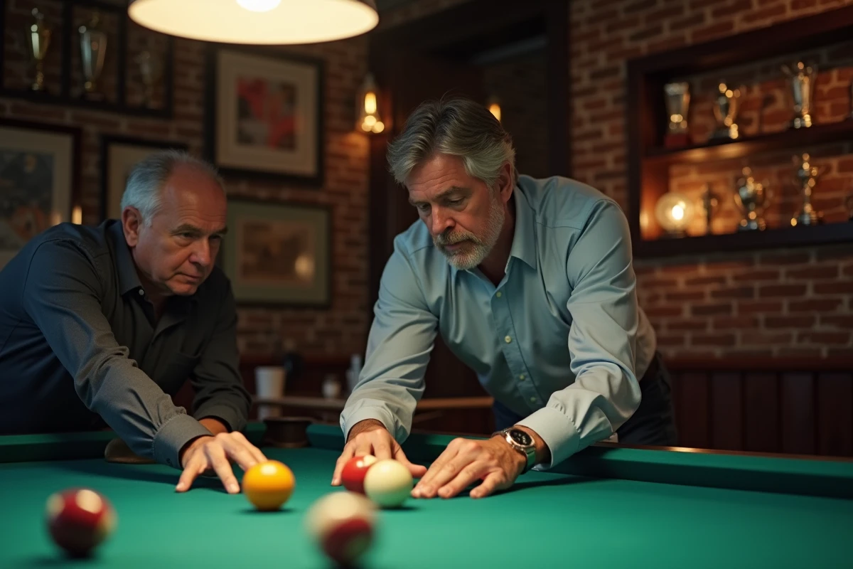 Homme d'âge moyen discutant angles de billard dans un club