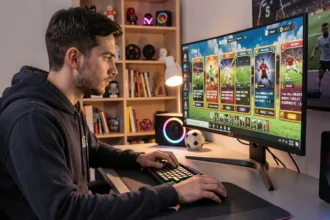 Joueur de FC 25 concentré sur son écran analysant des cartes DCE rentables pour optimiser ses crédits