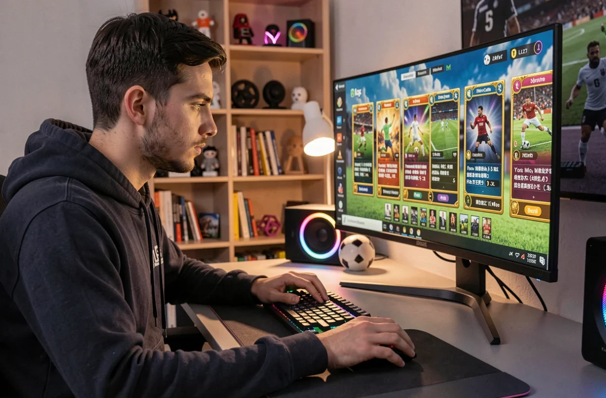 Joueur de FC 25 concentré sur son écran analysant des cartes DCE rentables pour optimiser ses crédits