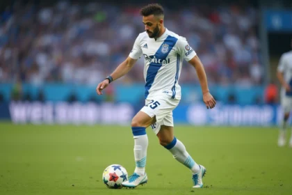 Joueur de football en action lors d'un match avec technique précise