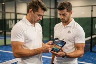 Joueur de padel consultant son classement P100 sur une tablette numérique au bord du court