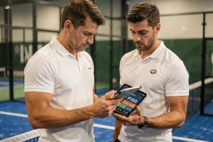 Joueur de padel consultant son classement P100 sur une tablette numérique au bord du court