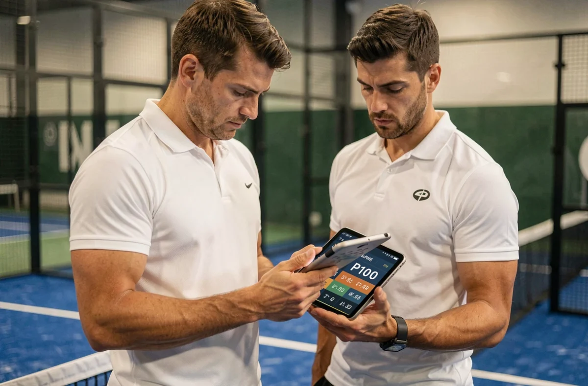 Joueur de padel consultant son classement P100 sur une tablette numérique au bord du court