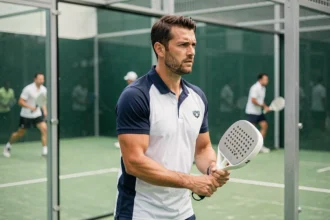 Joueur de padel masculin en tenue technique sur un court extérieur, tenant sa raquette en position de match, illustrant les tournois P250 de padel