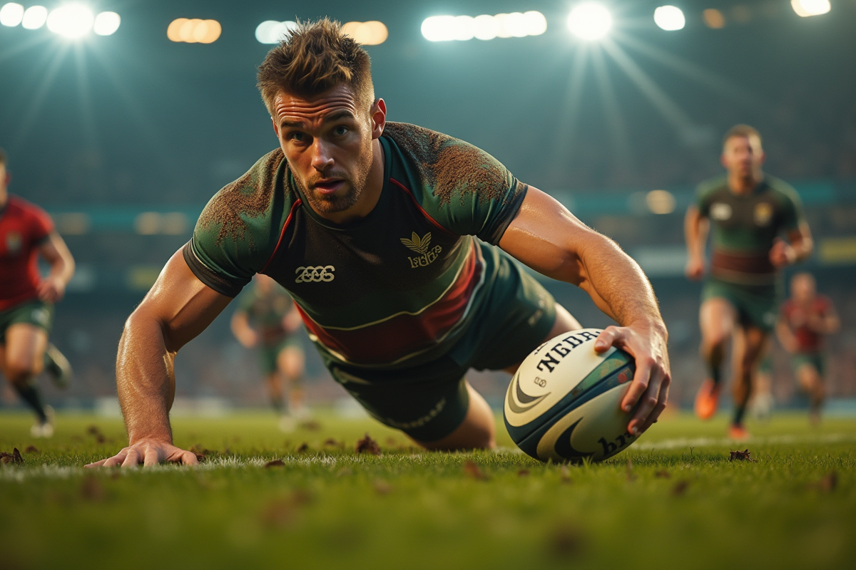 Joueur de rugby plongeant pour marquer un essai en action