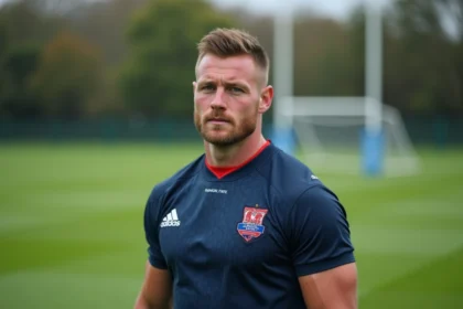 Joueur de rugby professionnel en tenue de club sur un terrain d'entraînement, illustrant le salaire et le contrat d'un rugbyman élite en 2026