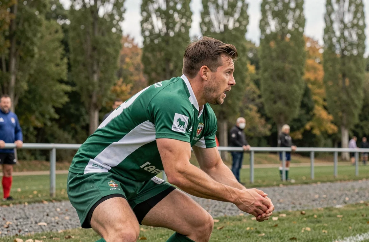 Joueur de rugby en position de touche lors d'un match de championnat Fédérale 3