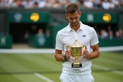 Joueur de tennis professionnel tenant le trophée de Wimbledon sur le court en gazon, illustration du prize money du tournoi