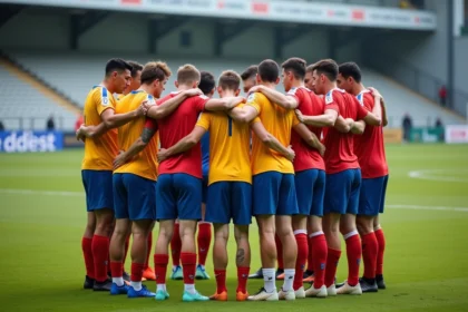 Joueurs amateurs de football du district de l'Hérault réunis en cercle sur le terrain avant un match