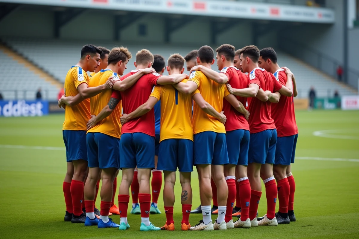 Joueurs amateurs de football du district de l'Hérault réunis en cercle sur le terrain avant un match