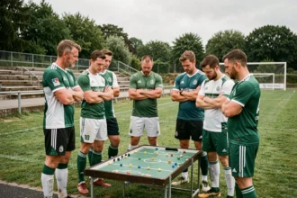 Joueurs de football amateur du district 44 en discussion tactique sur le bord du terrain avant un match de championnat local