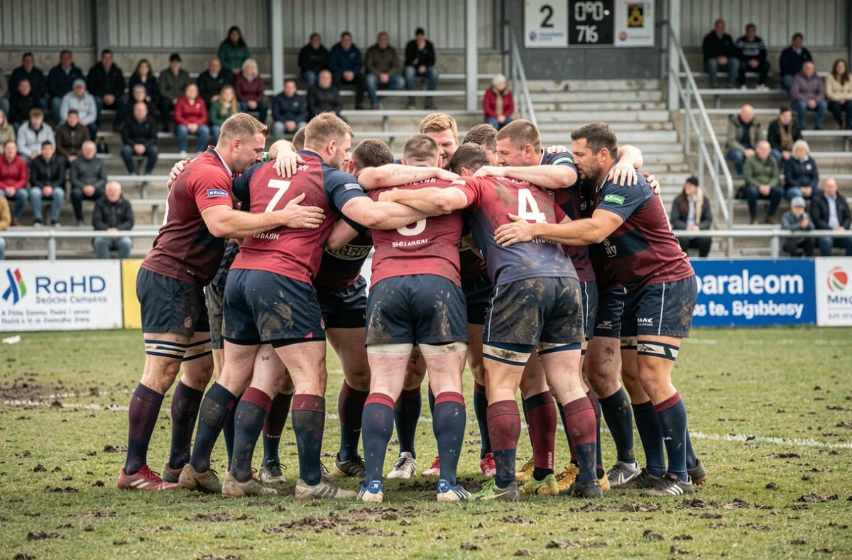 Joueurs de rugby amateurs en huddle avant un match de Fédérale 3, jerseys colorés sur terrain boueux