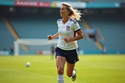Femme sportive en maillot de football américain en pleine course sur le terrain