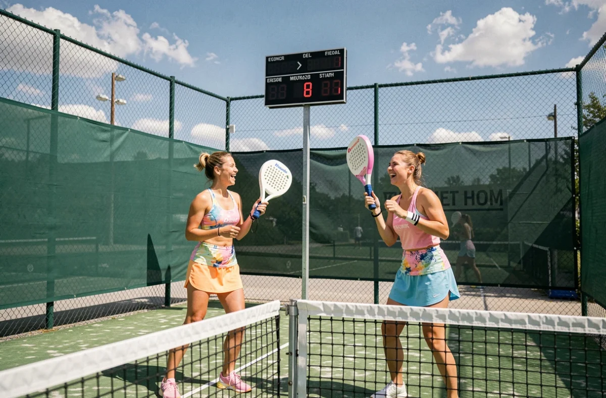 Deux joueuses de padel célébrant un point décisif sur un court extérieur avec tableau de score visible