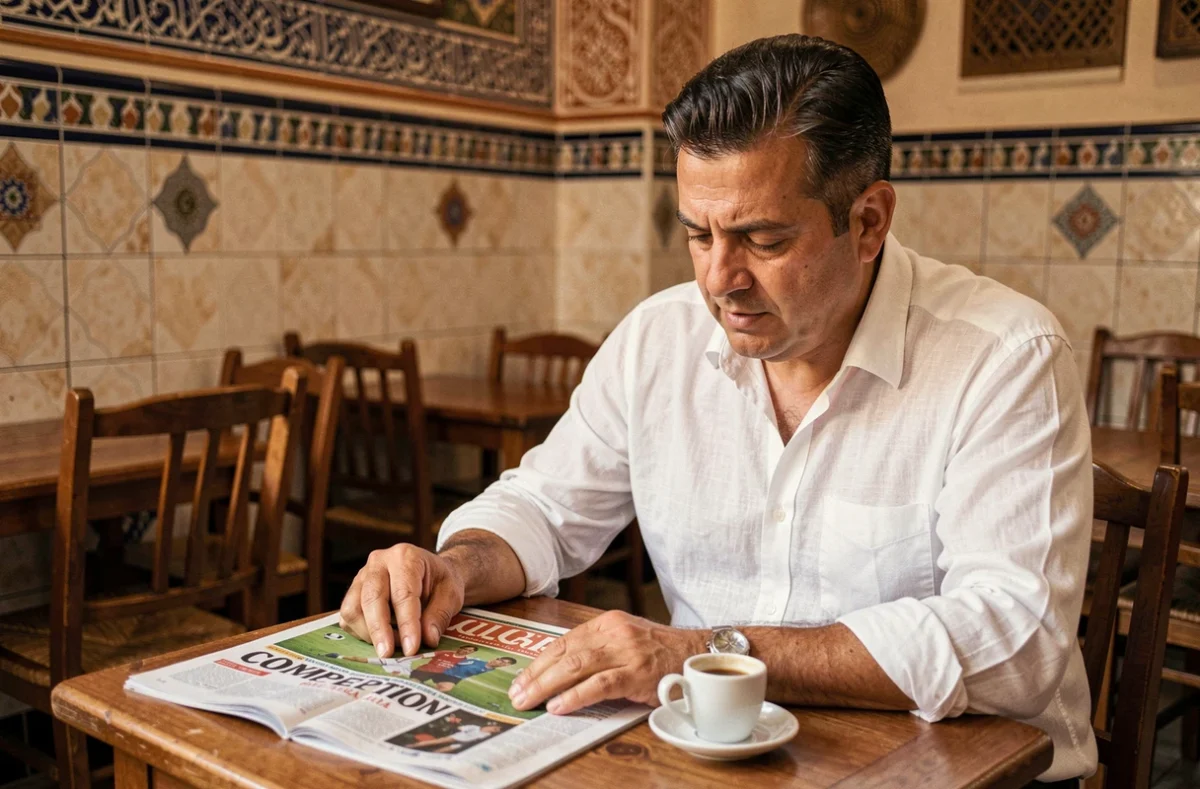 Homme lisant le journal de football Competition dz dans un café algérien traditionnel