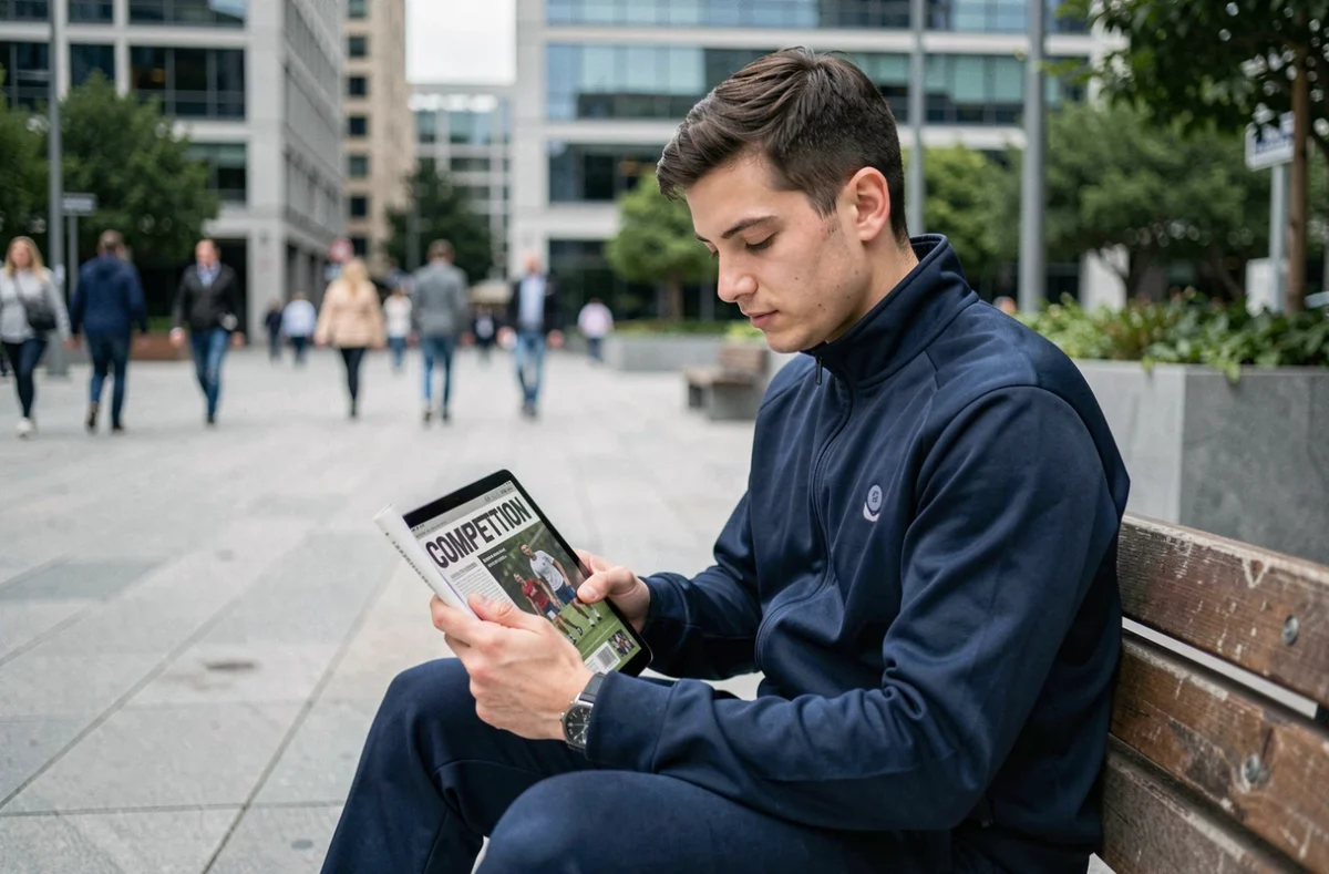 Jeune homme consultant le journal Competition dz en PDF sur une tablette en plein air