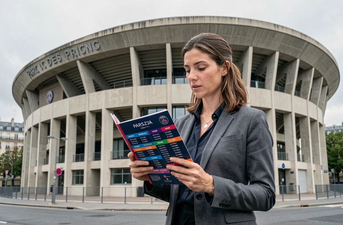 Journaliste sportive consultant l'agenda PSG 2026 devant le Parc des Princes pour les matchs de Ligue 1 et Europe