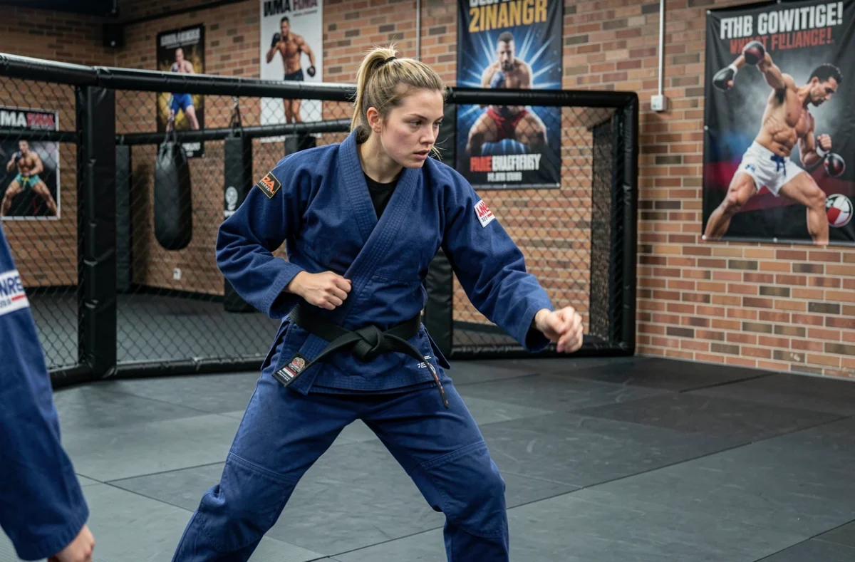 Compétitrice de jiu-jitsu en kimono moderne coupe ajustée lors d'un entraînement en salle de sport contemporaine