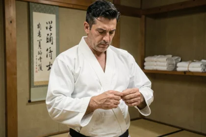 Pratiquant de jiu-jitsu portant un kimono traditionnel blanc avec col renforcé dans un dojo japonais authentique
