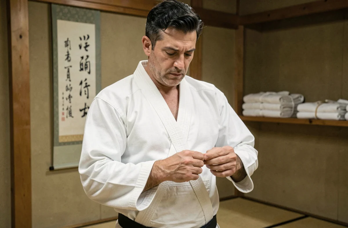 Pratiquant de jiu-jitsu portant un kimono traditionnel blanc avec col renforcé dans un dojo japonais authentique