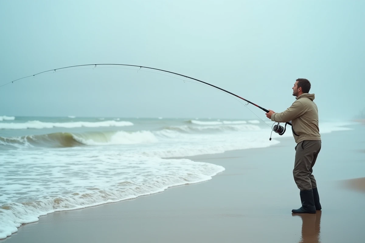 Pêcheur en action de lancer au surfcasting sur plage de sable avec vagues côtières