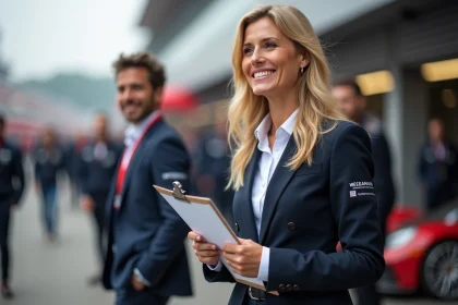 Laurene Godey souriante dans le paddock de course