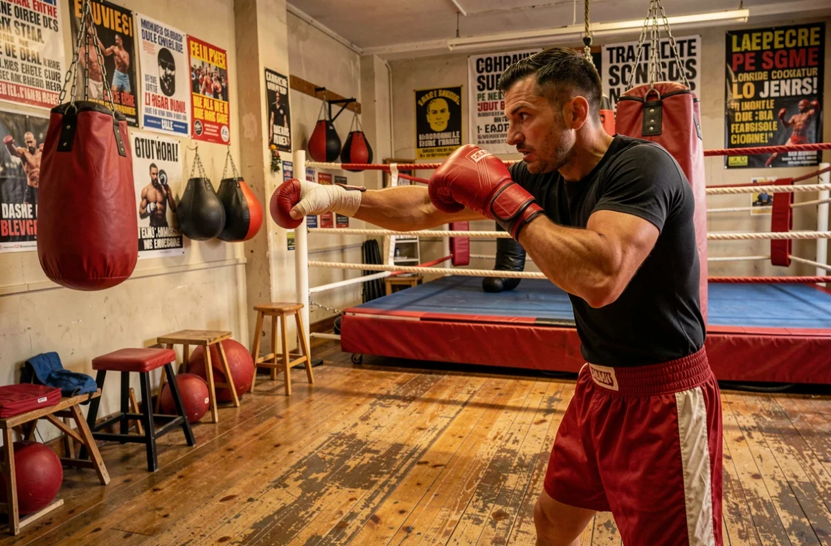 Boxeur frappant un sac de frappe dans la salle Le Hook à Lille, ring de boxe visible en arrière-plan