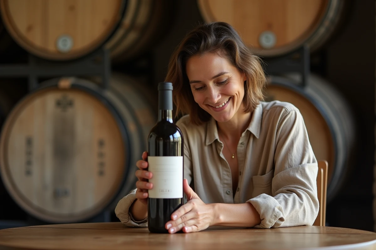 Femme lisant attentivement l'étiquette d'une bouteille de vin de Bergerac dans une cave viticole en pierre