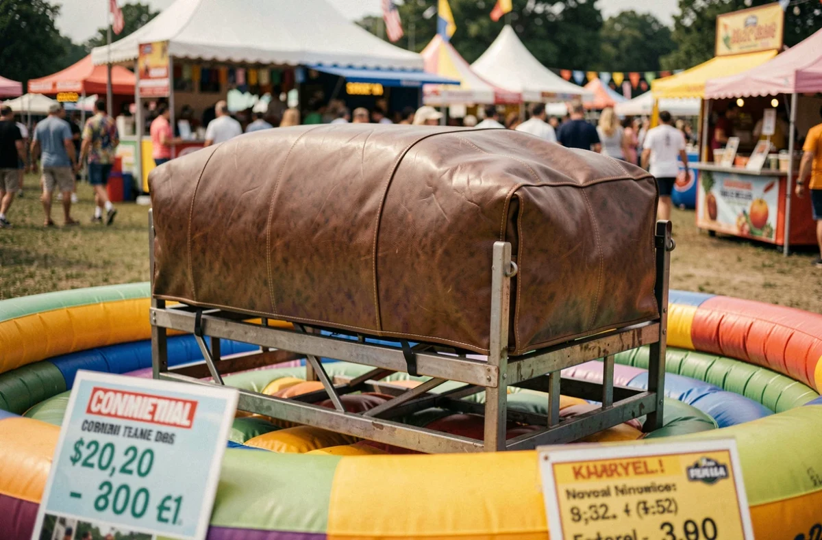Taureau mécanique en location exposé lors d'une fête estivale avec tapis de sécurité gonflable coloré