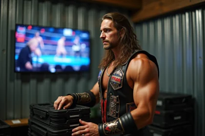 Lutteur en costume backstage près d équipements