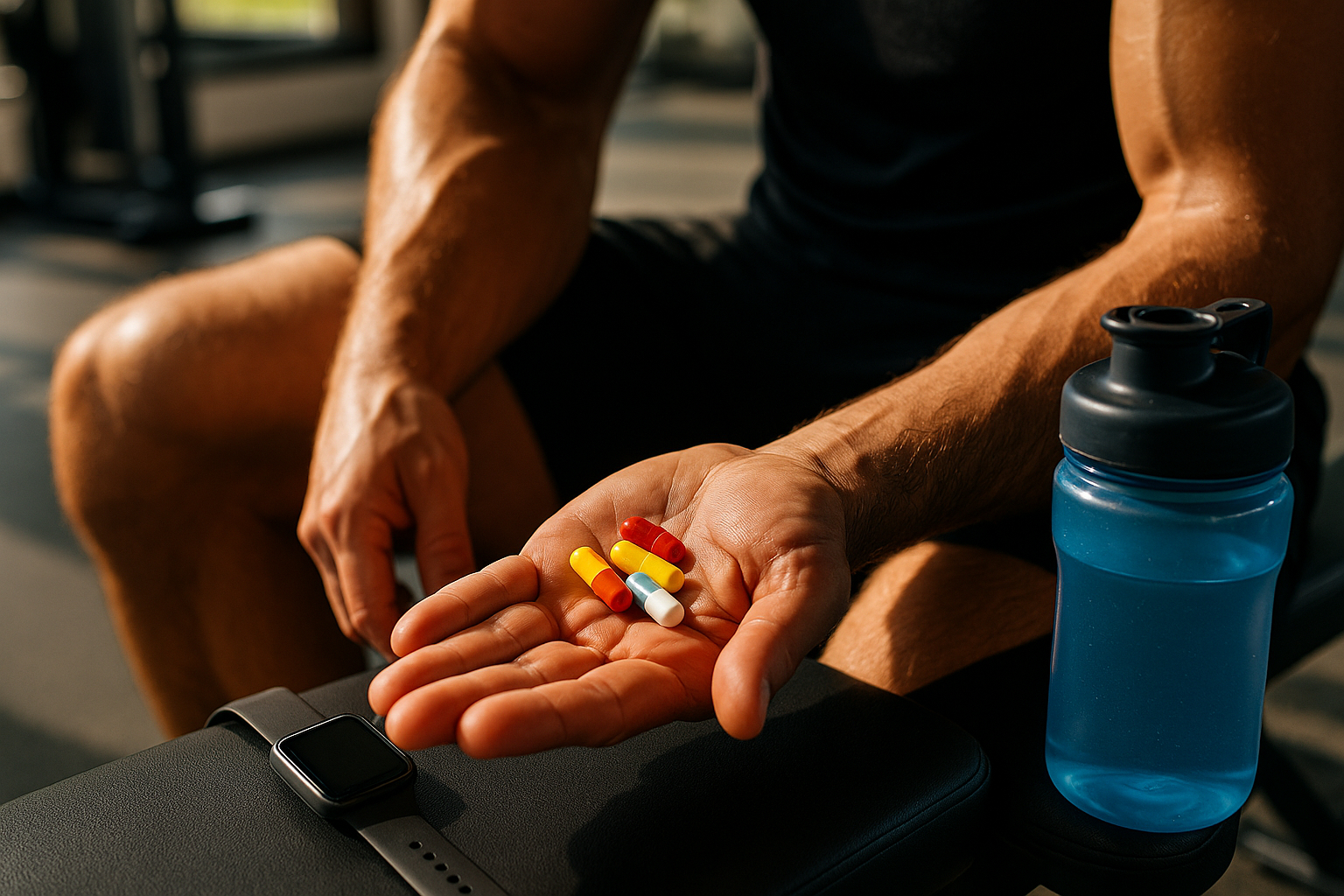 Main musclée tenant des capsules de compléments au gym