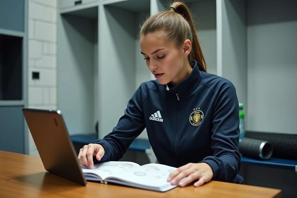 Joueuse de Parme analysant des vidéos de matchs dans le vestiaire avant une rencontre importante