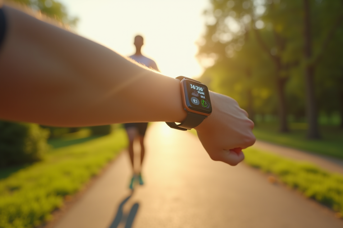 Personne marchant dans un parc ensoleille avec montre connectee