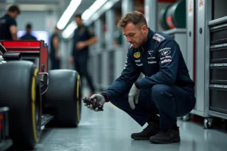 Mécanicien de Formule 1 inspectant la suspension d'une monoplace dans un garage technique du paddock