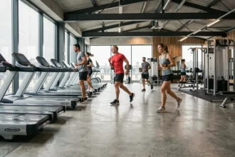 Vue panoramique d'une salle de sport moderne dans les Hauts-de-France avec équipements variés et adhérents actifs
