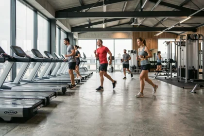 Vue panoramique d'une salle de sport moderne dans les Hauts-de-France avec équipements variés et adhérents actifs