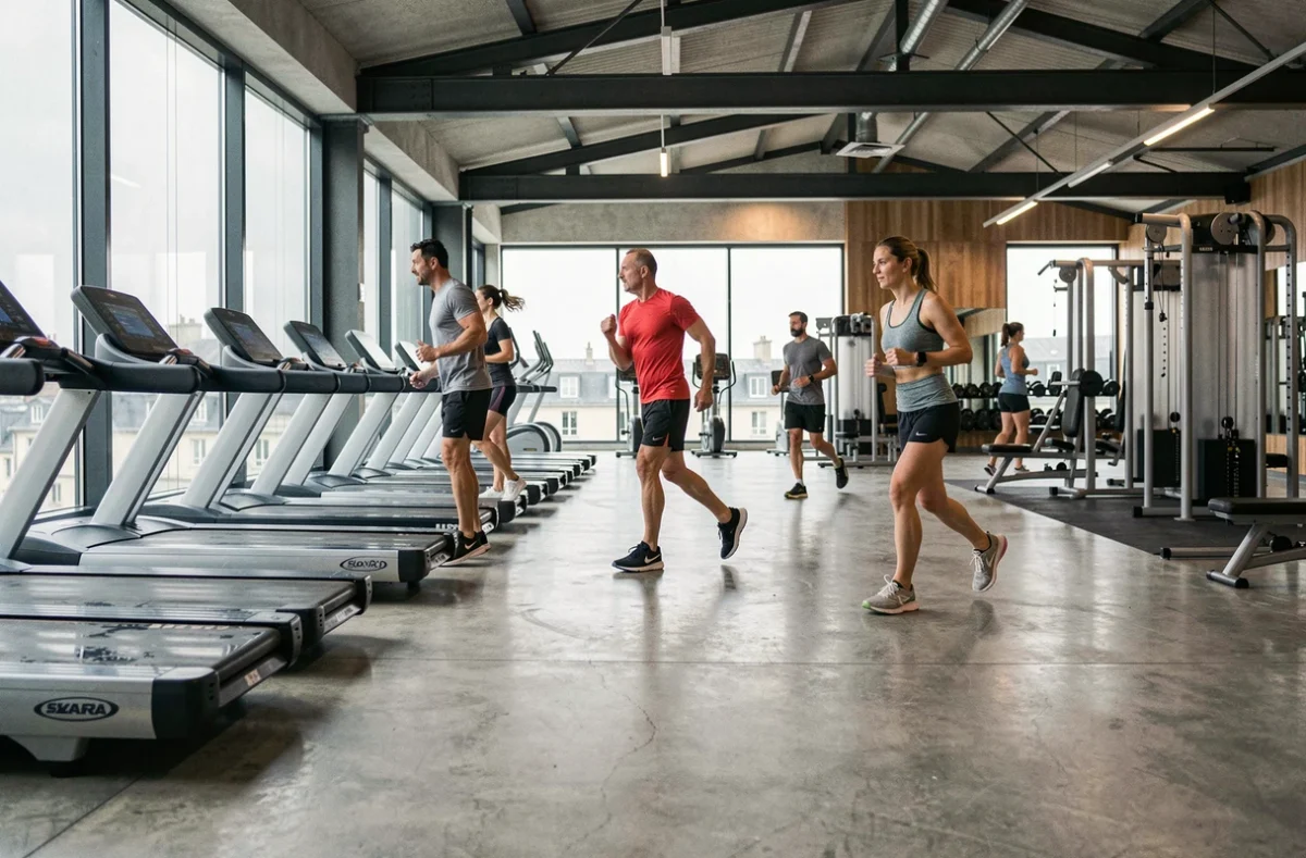 Vue panoramique d'une salle de sport moderne dans les Hauts-de-France avec équipements variés et adhérents actifs
