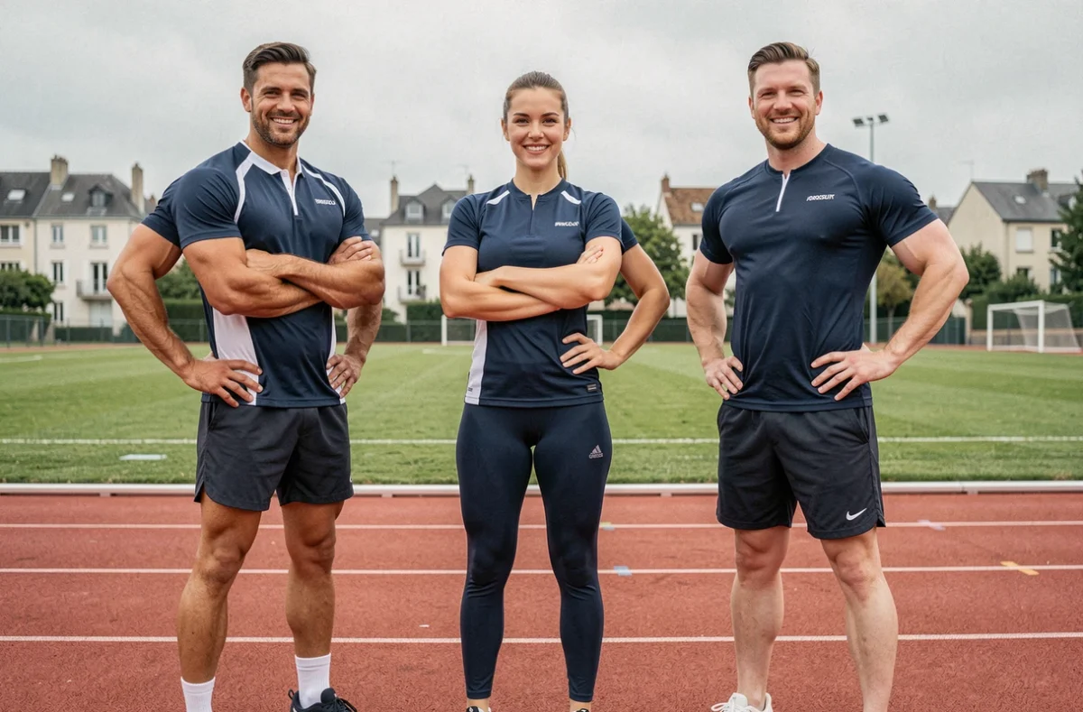 Groupe de coachs sportifs professionnels sur une piste d'athlétisme en Essonne