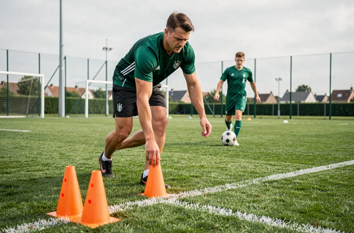 Mickaël Vaz, coach sportif et football, installant des cônes lors d'un entraînement sur un terrain à Évry