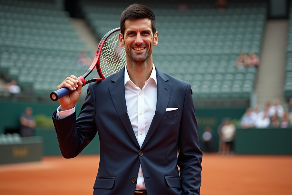 Novak Djokovic en costume sur un court de tennis en clay
