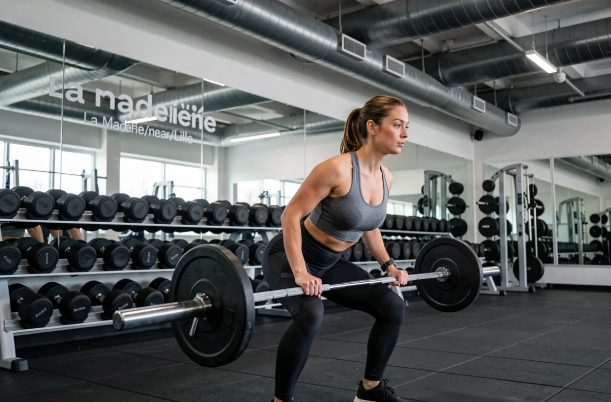 Femme soulevant des poids dans la salle One Fitness Club à La Madeleine, espace musculation moderne avec miroirs et haltères